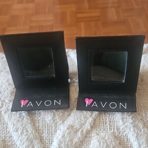 Avon Black Compact Mirror Duo with Pink Heart Logos. Set Of 2